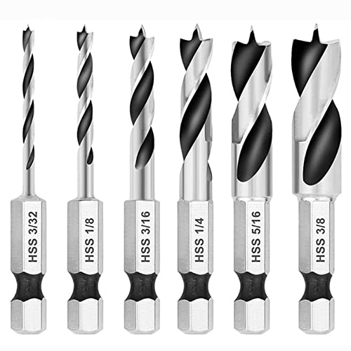 Eyech 6Pcs Brad Point Drill Bits Stubby Drill Bit Set for Wood |Spiral Twist Bit 1/4 Quick Change Hex Shank | 4241 High Speed Steel | for Quick Change Chucks and Drives