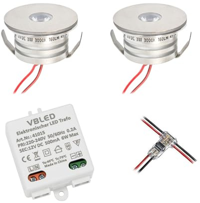 VBLED 2er Set 3W Mini-Einbauspot Einbaustrahler NOVOS 3000K 12V DC Warmweiss Inkl.LED Trafo