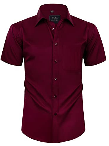 siliteelon Mens Shirts Short Sleeve Stretch Dress Regular Fit Casual Business Summer Shirt with Pocket Burgundy L