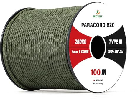 Brotree Paracord 4mm 100M 9 Stränge 100% Nylon Seil Schnüre Typ III für Survival, Outdoor, Heimwerken - Bruchlast 280kg (Armee Grün)