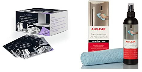 Screenix Edelstahlreinigungstücher, 30 Stück & ALCLEAR 721ER Profi Edelstahlreiniger 250 ml und Profi Mikrofasertuch, reinigt Edelstahl streifenfrei, gegen Schmutz, Fingerabdrücke und Fett