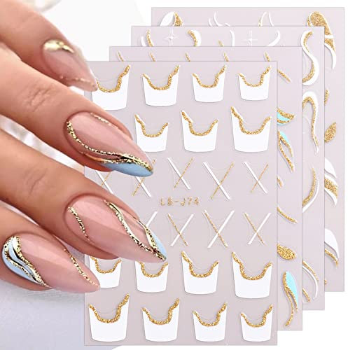 JMEOWIO Nagelsticker Französischer Tip 9 Blatt Nail Art Sticker Selbstklebend Nagelaufkleber Wellenlinie Dekoration Nageldesign Zubehör