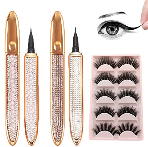 2023 Nouveau Eyeliner Auto-Adhésif Crayon Colle Cils, Stylo eyeliner liquide noir 2 en 1, Crayon de colle pour cils à séchage rapide et à longue durée de vie, Avec 5 paires de faux cils (2PCS)