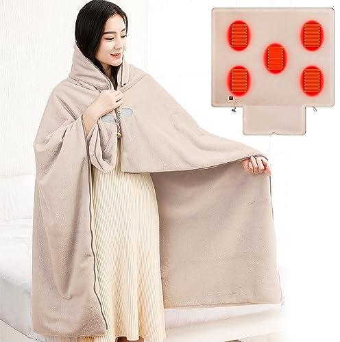 Wearable Blanket Hoodie Heated Throw USB 3 Heating Settings Machine Washable Portable Warm Soft Flannel Electric Heated Shawl for Women Men Home Office Outdoor Camping, 130 * 110 cm, Khaki