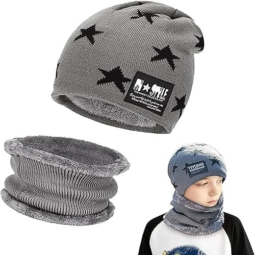 Amebleak Berretto Sciarpa Invernale per Bambini, Invernali Cappello in Maglia e Sciarpa, Invernali Beanie in Maglia con Fodera in Pile, Cappelli Beanie Ragazzo Ragazza per 5-15 Anni - grigio