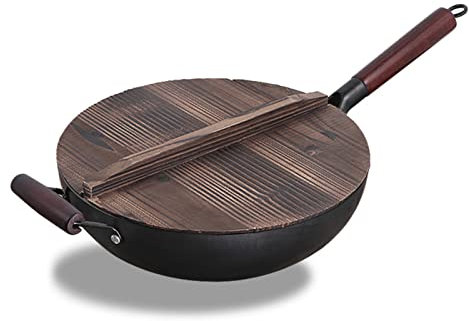 Woks und Pfannen, chinesische handgehämmerte Eisen-Woks, Woks aus Gusseisen, Pfannen-Set mit Holzdeckel und Stahl-Hilfsgriff für Induktion, Elektro, Gas, Halogen, alle Herde, 34 cm