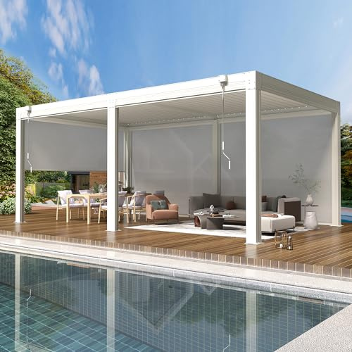 YOLENY Pergola a lamelle 12 x 20 con schermo estraibile a 6 pannelli, pergola in alluminio per esterni con tetto impermeabile regolabile per patio, prato e giardino, bianco