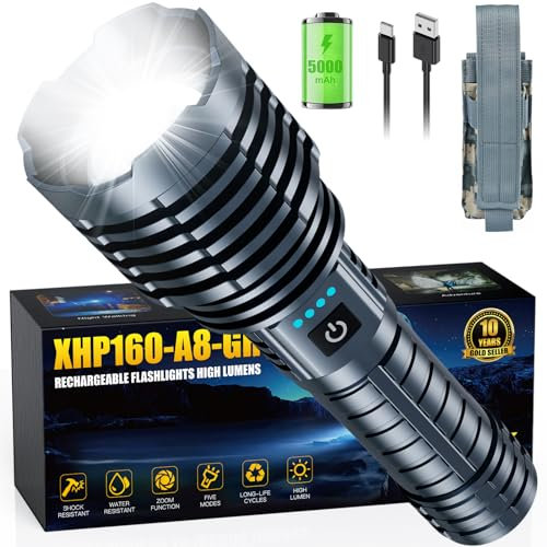 Amzyigou LED-Taschenlampe Extrem Hell 9900000 Lumen, 5 Modi LED-Taschenlampe Lichtmodus mit Zoom, IP67 Wasserfest langlebig Taschenlampe mit Holster(für Outdoor-Camping, Wandern oder Nachtsport)