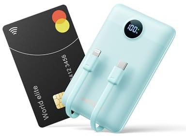 Batterie Externe 10000mAh, WeeFancy Power Bank Charge Rapide PD 22.5W avec Câbles Intégrés USB C Sortie, Mince Légère Portable Chargeur Affichage LED, Universel Compatible iPhone/Samsung (Bleu)