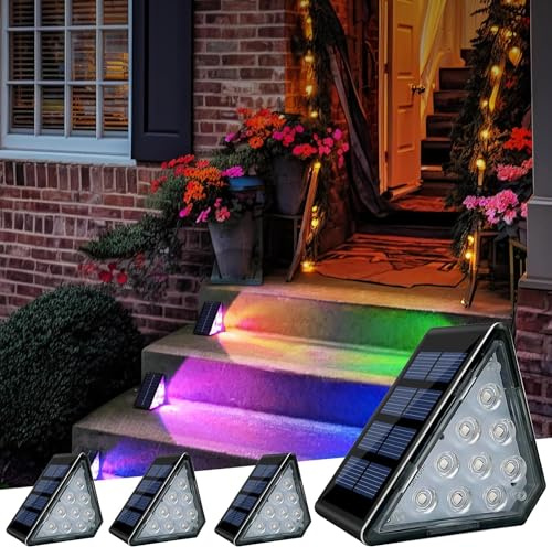 CREATESTAR Solar Treppenlicht, 4 Stück RGB Solarlampen für Außen Garten mit IP67 Wasserdichtem, LED Solarleuchten Außen für Treppe,Vordertreppe,Veranda,Terrasse,Garten und Hinterhof