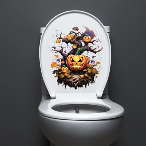 Halloween Pumpkin Toilet Cover Sticker Decals,Flower leaf bird Waterproof Toilet Lid Tank Seat Decals Cistern Self-Adhesive Bathroom Wall Sticker