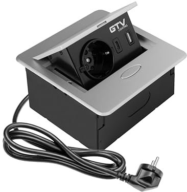 GTV - Möbelsteckdose AVARO, 1x Schuko Steckdose, USB A+C, Kabellänge 1,5m, Farbe Silber, für Schreibtische, Tischplatte, Küchen und Büro | Kompakte Abmessungen