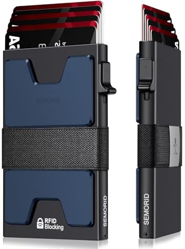 SEMORID Portefeuille fin pour homme, porte-cartes de crédit pop-up avec blocage RFID, portefeuille minimaliste en métal avec bande pour espèces, portefeuilles en aluminium, Noir + bleu 2, Minimaliste