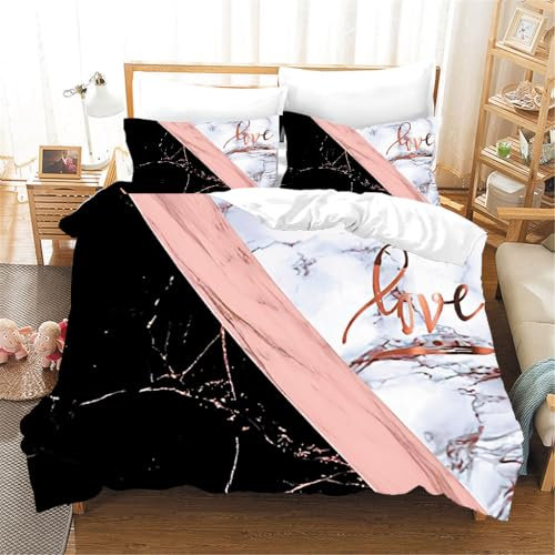 Double Duvet Set Rose Gold Marble Duvet Cover Sets Breathable Polyester Bedding 3 pcs with Zipper Closure Duvet Sets Double Bed with 2 Pillow Cases Double Bedding Set(200x200cm)