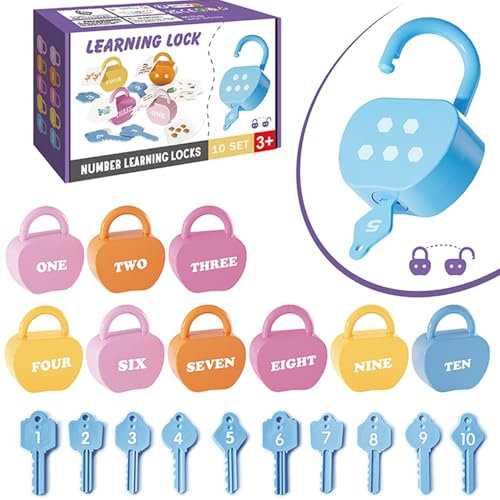 GEERAY Cause and Effect Toys for Toddlers 3+, Montessori Lock & Key Set with 10 Apple-Shaped Locks, Keys & 20 Cards – Learn Numbers, Colors & Motor Skills STEM Toy Gift for Home & Classroom