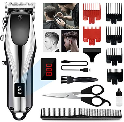 Tondeuse Cheveux Hommes, Kit Tondeuse Barbe electriques Professionnelle, Sans Fil Tondeuse à Cheveux Rasoir Barbe Tondeuse, Écran à LED, USB Rechargeable, pour Salon de Coiffure et la Famille