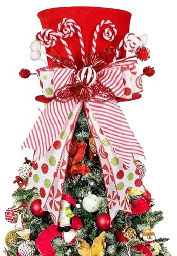 Christmas Tree Topper Hat, Christmas Tree Topper Hat with Candy Cane Ribbon, Candy Cane Tree Topper for Tree Winter Holiday Party Decor (Red, 25cmx21cmx21cm)