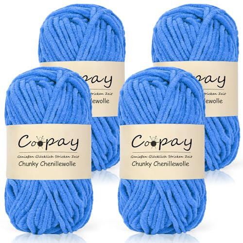 Coopay Dickes Garn zum Häkeln, 4 x 50g Chunky Wolle, Flauschige Dick Wolle zum Handstricken, Blau