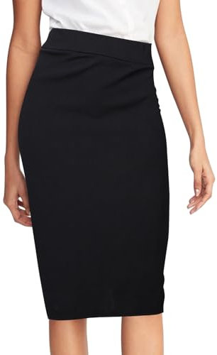 Jupe crayon noire - Taille haute - Extensible - Longueur midi - Pour femme - Taille élastique, Noir , S