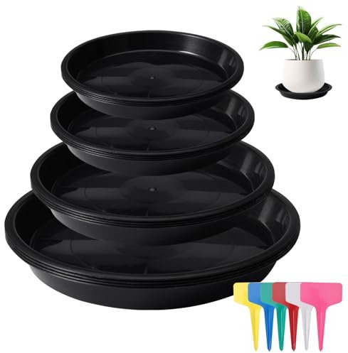 16 Pezzi Sottovasi Rotondi, 12/16/18/20 cm Sottovasi Plastica Rotondi Adatto, Plastica Sottovasi Piante mit 18 Pezzi Etichette per Piante, Sottobicchieri per Vasi da Fiori per Interno ed Esterno