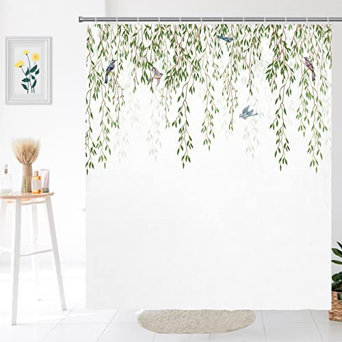 Rideau Douche Feuilles Élégantes Vertes Rideau de Douche Anti Moisissure Imperméable Rideaux de Douche Lavables Rideau Douche Tissu Polyester avec 12 Crochets(180x180cm)