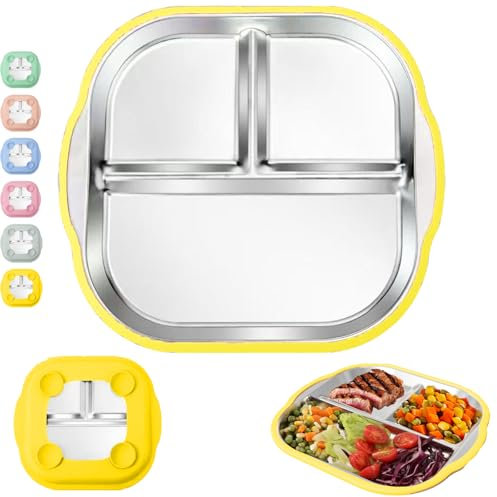 CWENDANER Platos para niños Pequeños, Plato Infantil de acero Inoxidable con Ventosa, Platos de Silicona para Niños, Utensilios para Bebé, Platos Divididos para Alimentación Autónoma(Amarillo)