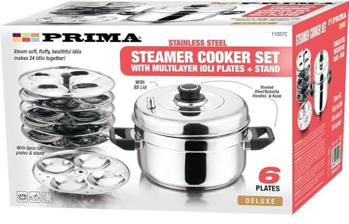 Stainless Steel Steamer Pan Cooker Set - with 6 Tier Idli Plates & Stand Cooking | Kitchenware, Multi Purpose, Household, Food Steaming | Cookware, Heat Resistant | Slow Cook