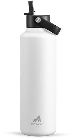 710 ml Travel Water Bottle for Teens: Standard Mouth, Leakproof, BPA-Free, Easy Hold Handle, Insulated Stainless Steel Thermos with Straw for School, Outdoors, Running, Camping, Sport (Frost White)