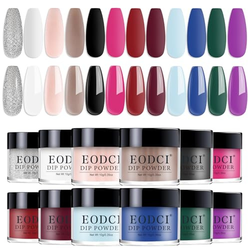 Eodci Nail Dip Powder Set, 12 Colors All Seasons Nude Red Blue White Glitter Silver Nail Art Starter Manicure Salon DIY at Home Nail Dipping Powder French No Needed Nail Lamp Cured