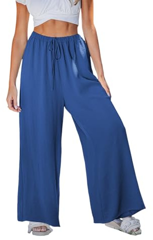 CUPSHE Women Trousers Drawstring Wide Leg High Waist Casual Beach Lightweight Summer Trousers Royal Blue XL