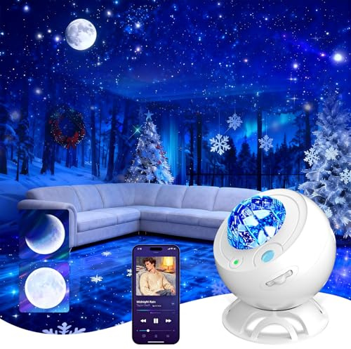 Starry Sky Aurora Galaxy Projector, 360° Adjustable LED Projection Light, Relaxing Sleep Aid Atmosphere Lamp for Bedroom Living Room (White)