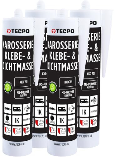 TECPO Karosseriekleber Dichtstoff MS Polymer, 4x 414g Schwarz UV-und Witterungsbeständig Überlackierbar- Abdichtung von Karosserieteilen, Blechen und Fugen