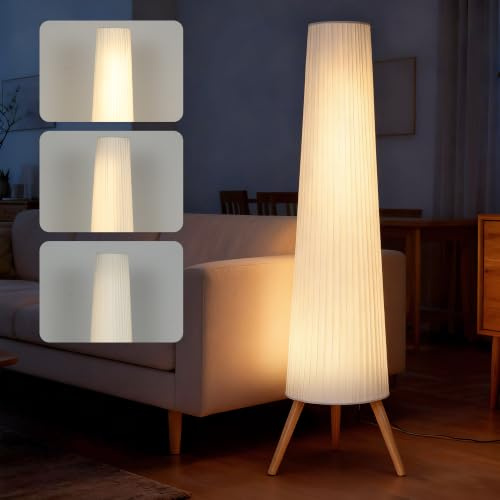 HOMCOM LED Stehlampe Dimmbar Holz mit Dreibein mit Fußschalter Weiß | Stehleuchte, Nordische Standleuchte, für Wohnzimmer, für Schlafzimmer
