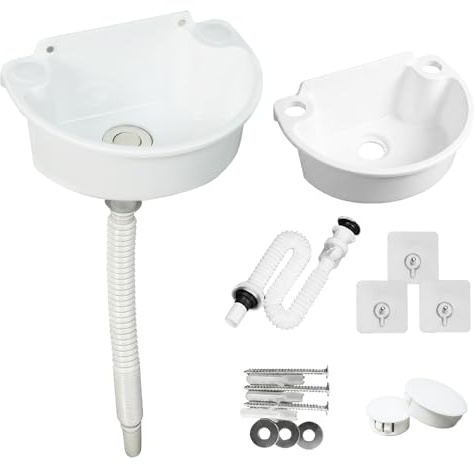 Ausgussbecken Kunststoff, Mini Waschbecken mit 75cm Edelstahl Abläufe & Abflussstopfen, Halbkreis Gebogen Spülbecken, Camping Waschbecken für Garten Keller WC Badezimmer