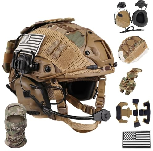LZAQHMT Casco Tattico Da Softair 4 In 1 Aggiornato - Sistema Regolazione Rapida Con Cuffie, Copricasco Borsa for Contrappesi for Equipaggiamento Militare Paintball Cosplay(COYOTE BROWN)