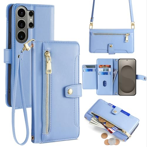 betterfon Handykette kompatibel mit Samsung Galaxy S26 Ultra – Leder Handyhülle mit Kartenfächern zum Umhängen, Schutzhülle mit Band, in Hellblau