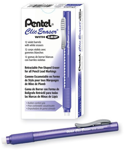 Pentel ZE22V, Clic Eraser Grip, Retractable Eraser, Violet Barrel, Box of 12