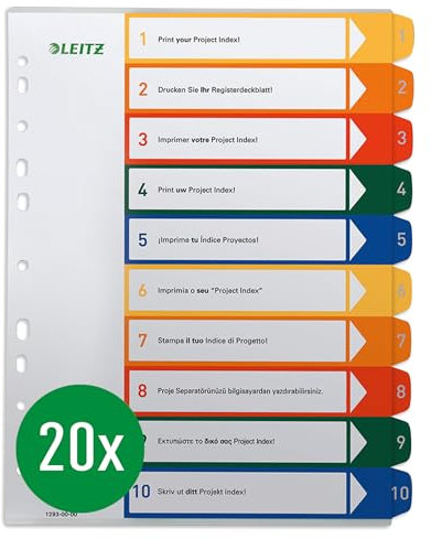 Leitz A4 Register, 10er Pack, 1-10, 10 Trennblätter, Beschriftbares Deckblatt, Extrabreit, PP, Mehrfarbig, 12930000