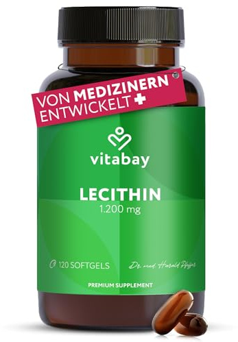 Vitabay Lecithin 1.200mg hochdosiert – 120 vegane Softgels | Phosphatidylcholin aus Soja mit Vitamin E – Ohne Gluten, Laktose & Gentechnik – Laborgeprüft in Deutschland – 4 Monate Vorrat