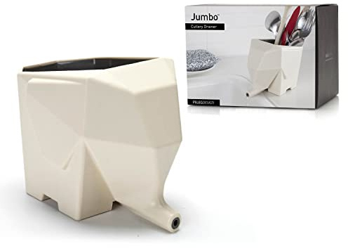 PELEG DESIGN Jumbo Égouttoir à Couverts Éléphant – Range-Couverts Rigolo avec Système d'Écoulement par la Trompe, Organisateur d'Évier Original & Pratique, Crème