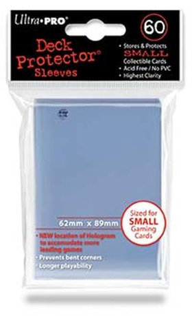 Trading Card Sleeves - 60 Ultra Pro Small Clear Deck Protectors YuGiOh! Sized. Sleeve size 62mm x 89mm.