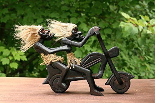 G6 Collection Handgefertigte hölzerne primitive Tribal lustige Statue Harley Davidson Biker Skulptur Motorrad Tiki Bar Handcrafted Rider Geschenk Home Decor Figur handgeschnitzt (Fahren mit Passagier)