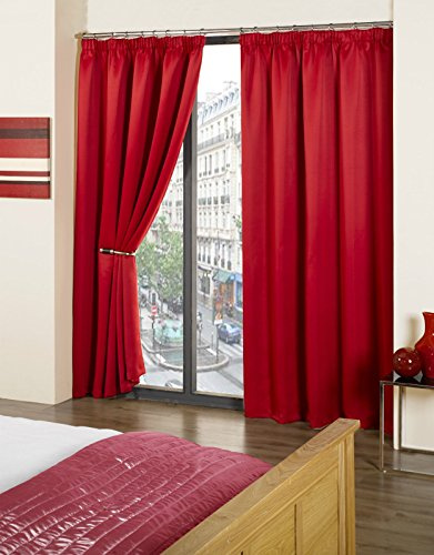 RAYYAN LINEN Thermal Pencil Pleat Blackout Tape Top Pair of Curtains With Free Tiebacks (90 X 90, Red)