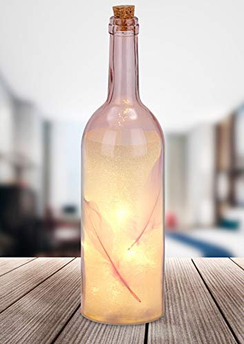 BRUBAKER Lichterflasche mit Federn und 10 LED Lichtern 32 cm Höhe Rosa