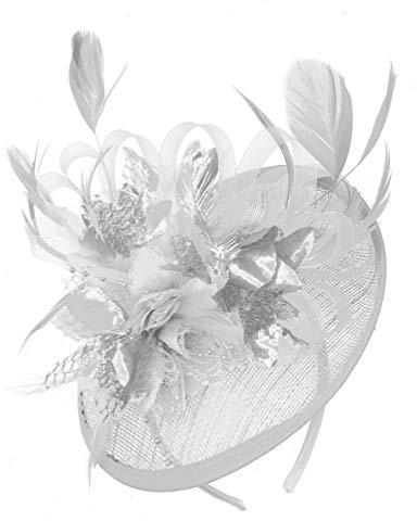 Caprilite White and Silver Sinamay Disc Saucer Fascinator Hat for Women Weddings Headband