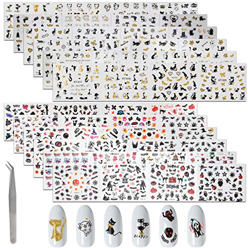 MWOOT 48 Stück Katzen Nailart Nagelfolien Selbstklebend, Nagelkunst Sticker, Halloween Katzen DIY Nageldesign Sticker Folien Set