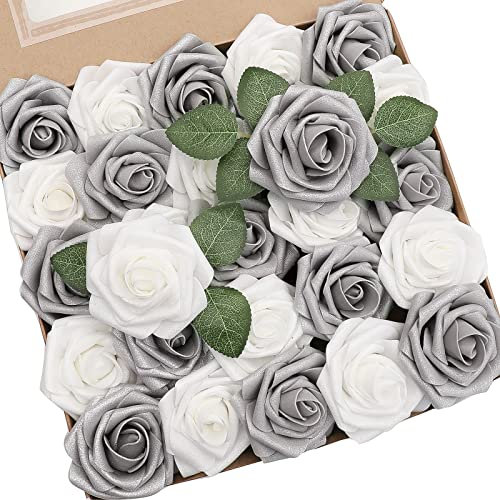 Floroom Künstliche Blumen, 50 Stück, echt aussehend, schimmernd, silbergrau, Schaumstoff, künstliche Rosen mit Stielen für DIY-Weihnachtsbaum, Weihnachten, Blumenarrangements, Heimdekoration