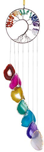 Rockcloud Scacciapensieri da appendere alla parete con albero della vita dei 7 chakra, con fette di agata, pendenti, ornamento da appendere alle finestre, decorazione per casa e giardino, colorato