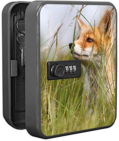 banjado Burg-Wächter abschließbarer Schlüsselkasten für 20 Schlüssel/Schlüsselkasten mit Zahlenschloss 16x20x8cm groß/Schlüsselschrank aus Stahlblech schwarz/Motiv Fuchs