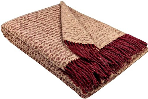 STTS International Wolldecke 100% Schurwolle Wohndecke 140 x 200 cm Tagesdecke Schurwolldecke Woll-Plaid Tirol in vielen Farben erhältlich (Dunkelrot-Sand)